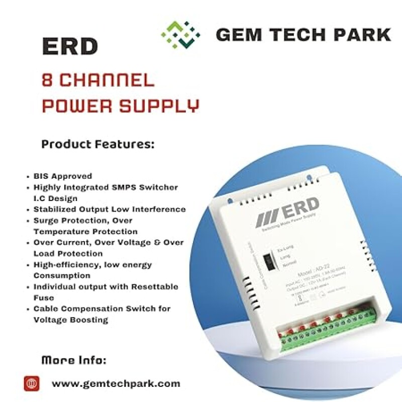 ERD AD22 CCTV Camera 8 Channel Power Supply SMPS Support All HD Cameras Worldwide Adaptor (Grey)