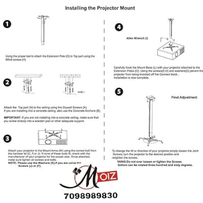 2 Feet Universal Projector Stand Ceiling/Wall Mount Kit Adjustable (12 Inch to 24 Inch Length, Weight Capacity - 50 Kg)