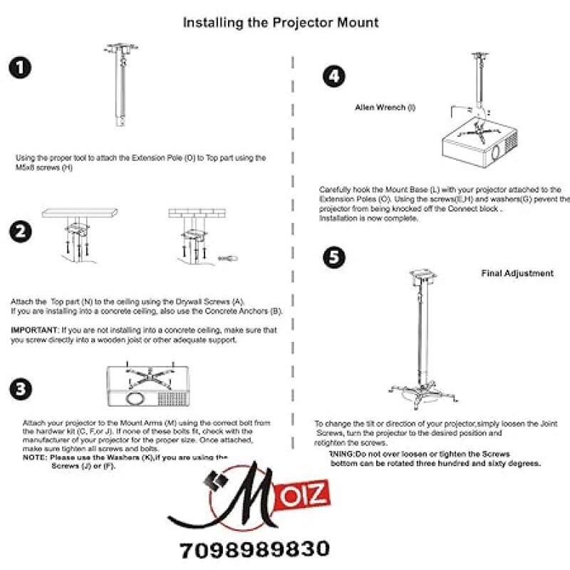 2 Feet Universal Projector Stand Ceiling/Wall Mount Kit Adjustable (12 Inch to 24 Inch Length, Weight Capacity - 50 Kg)