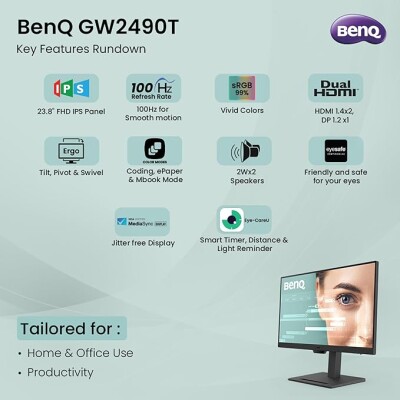 BenQ GW2490T 24" 1300:1 CR 1080p FHD IPS Monitor| 100Hz| 99% sRGB| Height Adjustable| Ergo Design| VESA MediaSync| Dual