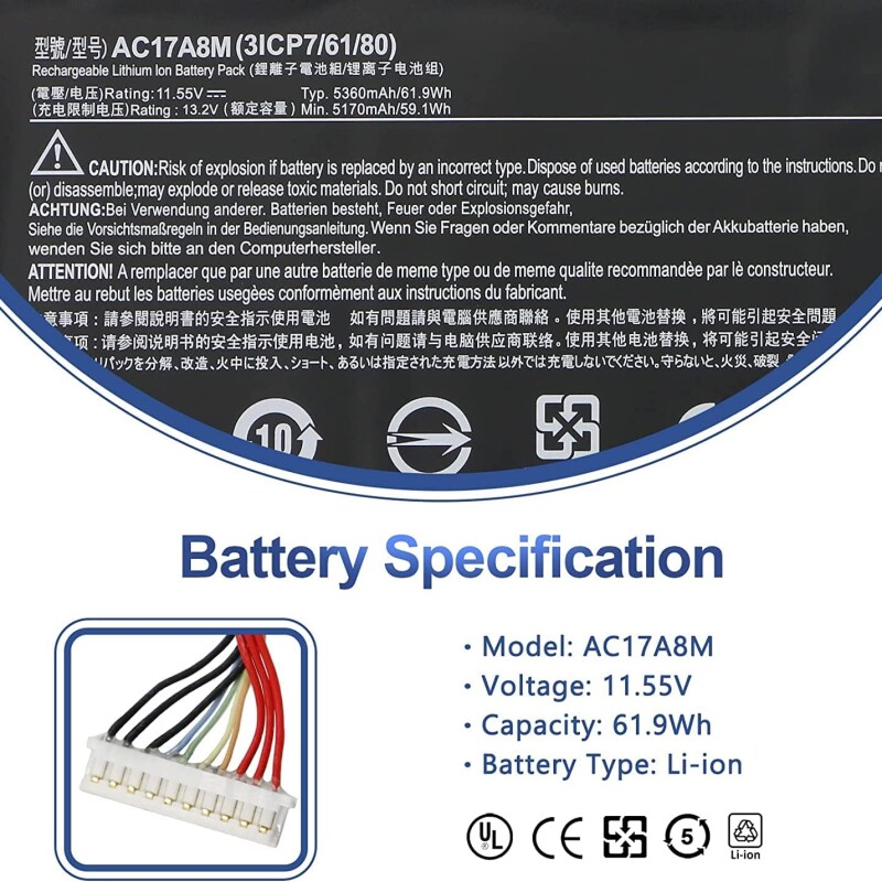 AC17A8M Laptop Battery Compatible for Acer Spin 3 SP314-52 TravelMate X3 X314-51-M X314-51-MG X3310-M X3410-M X3410-MG T